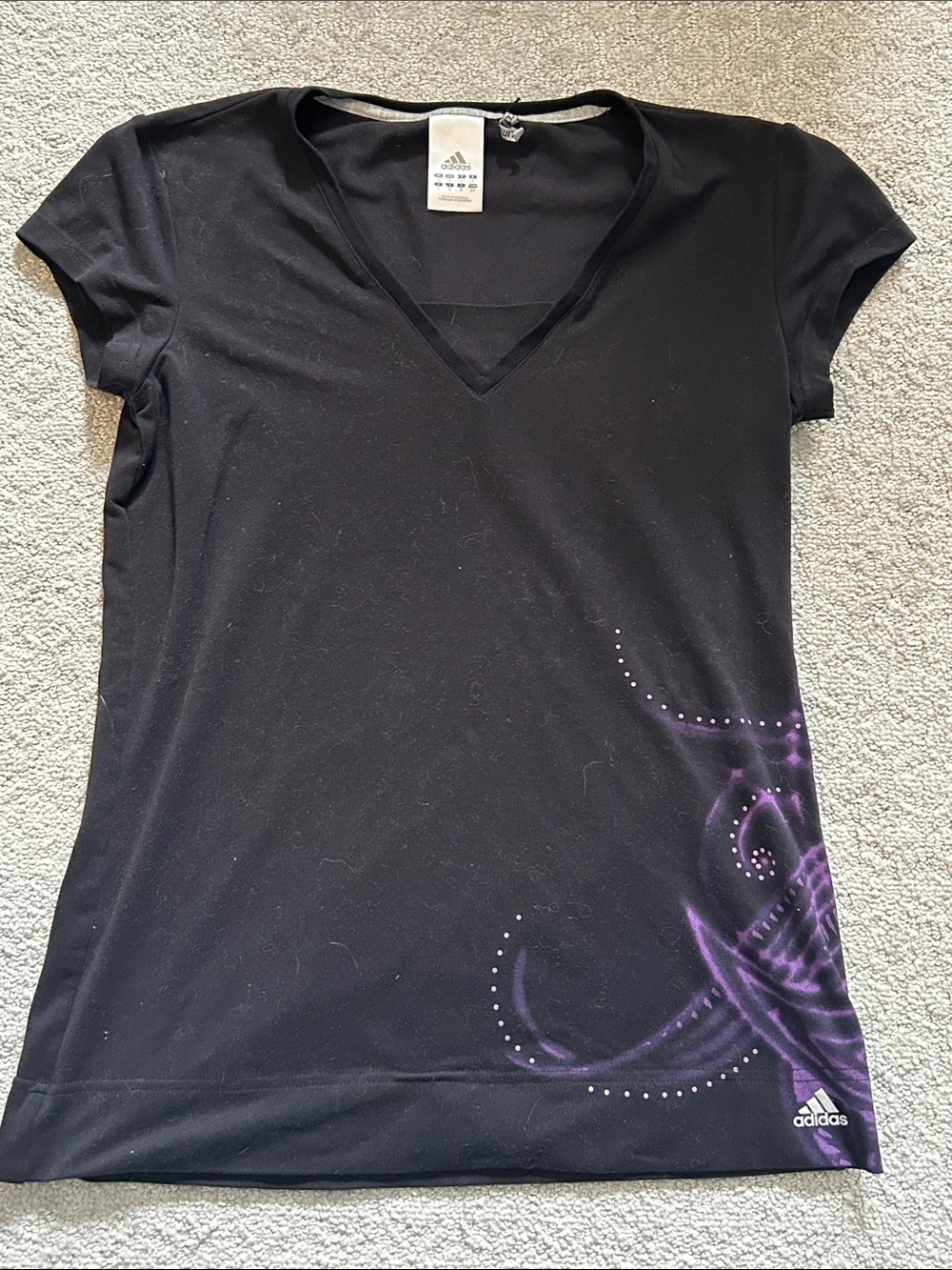 Y2K Adidas Women's Black V‑Neck Athletic Tee with Purple Accent